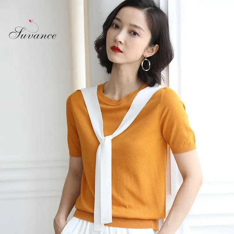 Suvance 2019 Summer Office Lady Knitted O Neck 3 Solid Color Short Sleeve Thin Sweater Size S-xl Women Loose Pullover Jl-hy1929 | Женская