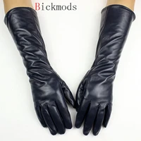 long leather sheepskin gloves female straight style velvet lining autumn warm dark blue finger glove arm sets