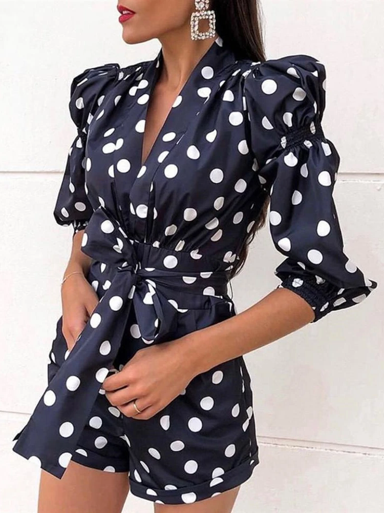 

Women Puffed Sleeve Dot Print Knotted Romper 2019 Autumn Elegant Casual Short Jumpsuit Female Office Style Playsuit
