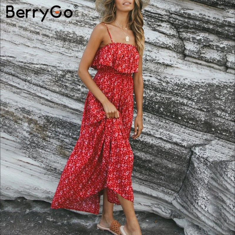 BerryGo Boho платья цветочный принт женское длинное платье Элегантное летнее с