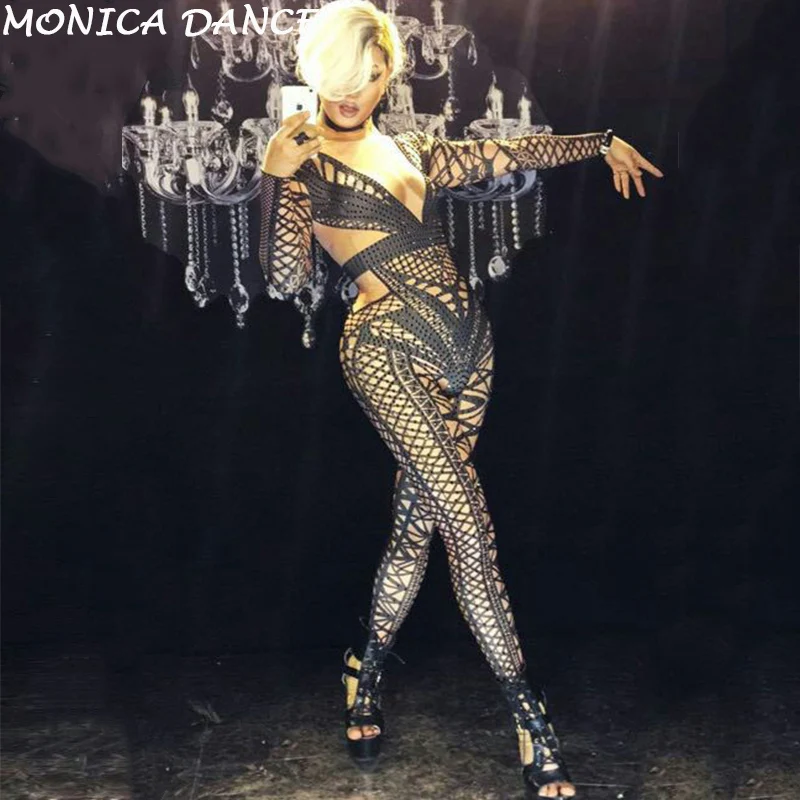 Sexy Stage Geometric Patterns Jumpsuit Sparkly Stones Bodysuit Stage Wear Women Celebrate Female Singer Crystals Dance Costume