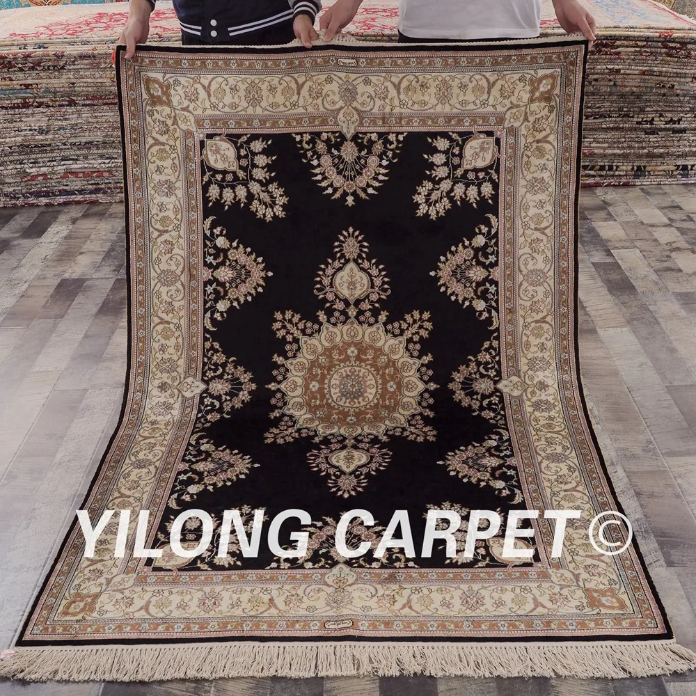 YILONG 4 'x 6' ручной работы персидский шелковый ковер роскошный черный изысканный