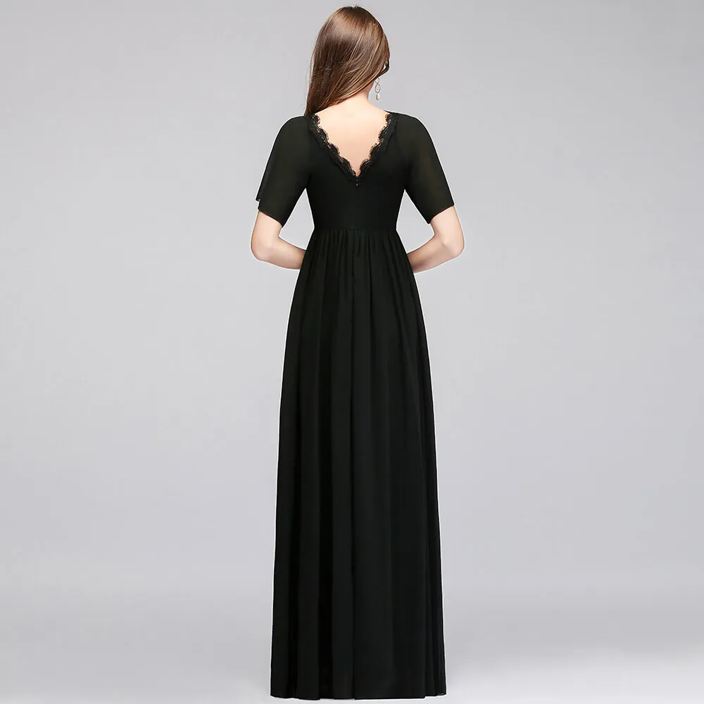 Длинное шифоновое платье Babyonlinedress черное элегантное вечернее с коротким рукавом
