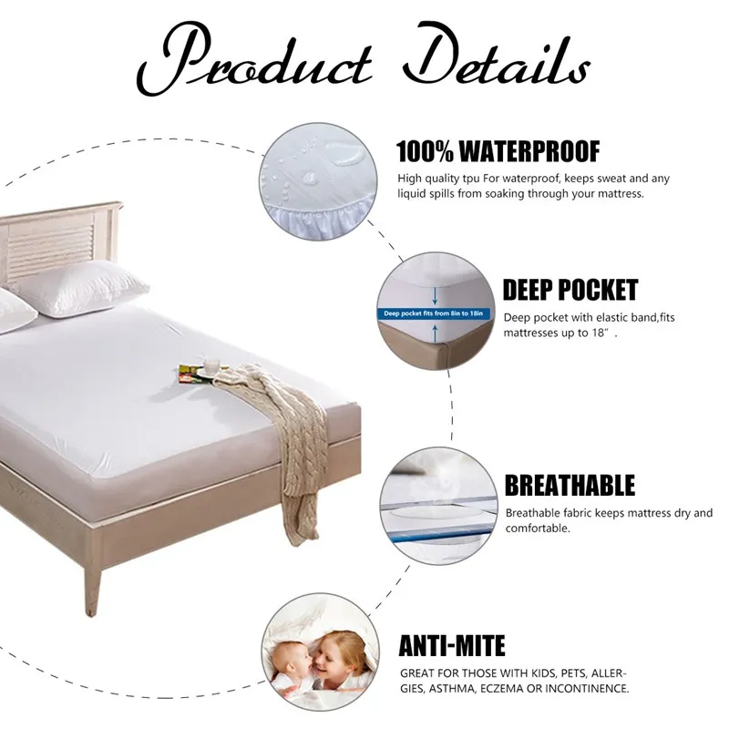 Waterproof Mattress Protector Queen Mattress Cover Twin Breathable Hypoallergenic Smooth Fabric Fitted Sheet with Elastic Band