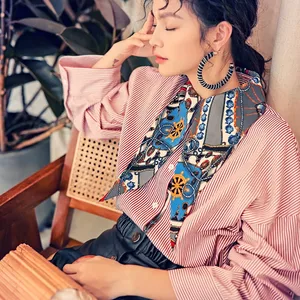 Женская блузка с длинным рукавом летучая мышь, красная свободная дизайнерская блузка в полоску с особым воротником, модель NS141, футболки Блузы-топы