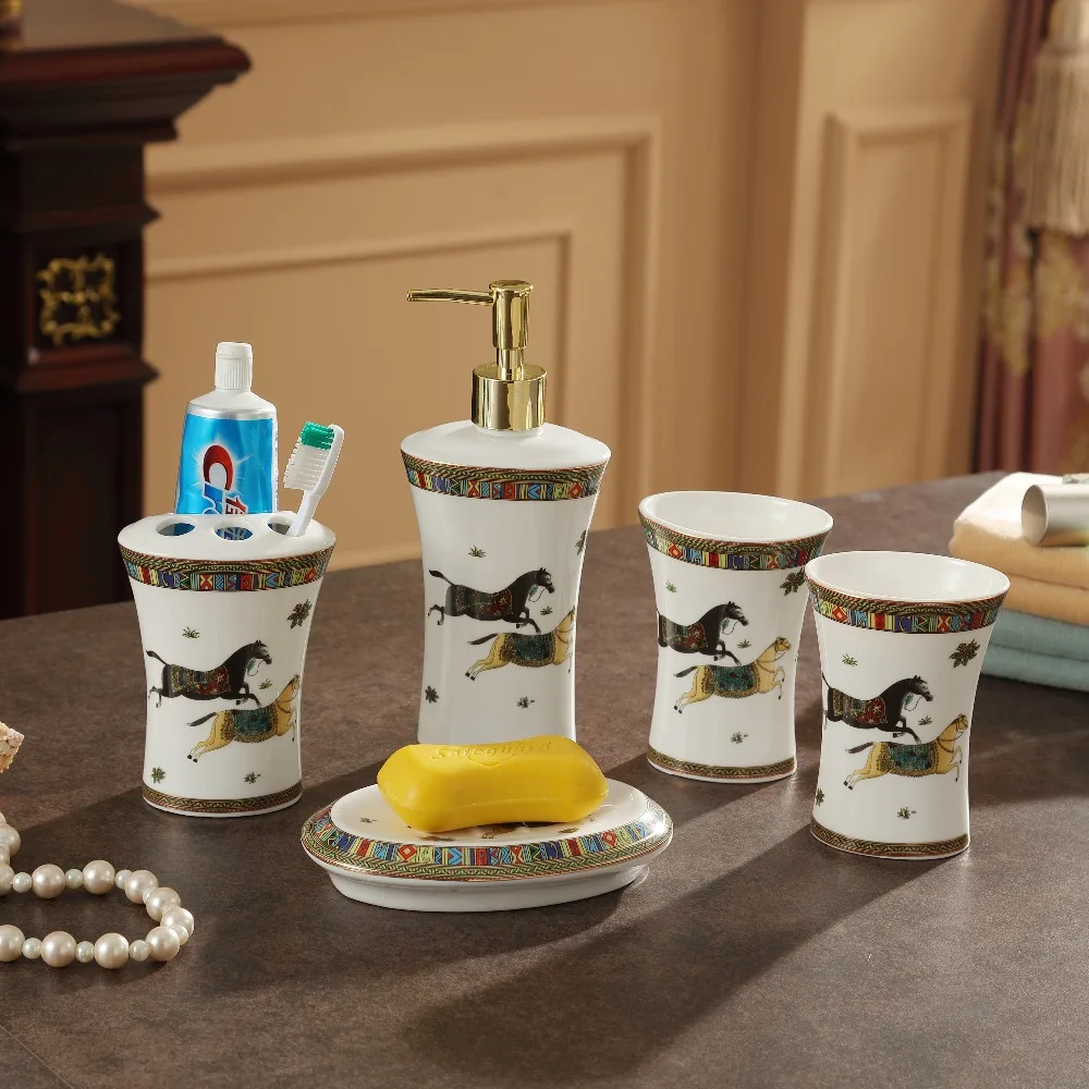 

Luxury 5pcs/set Household Wash brush cup, Liquid Soap Dispensers, Soap Dishes China Ceramics bathroom set accessories as gift