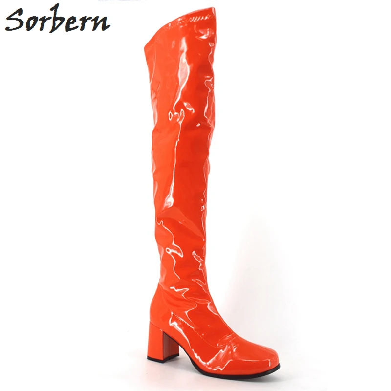 Orange Shiny Sorbern Custom расклешённые сапоги женские квадратные носки 70 S GOGO сапоги женские до середины бедра высокие сапоги блочный каблук старинная обувь на квадратном каблуке - Цвет: Orange Shiny