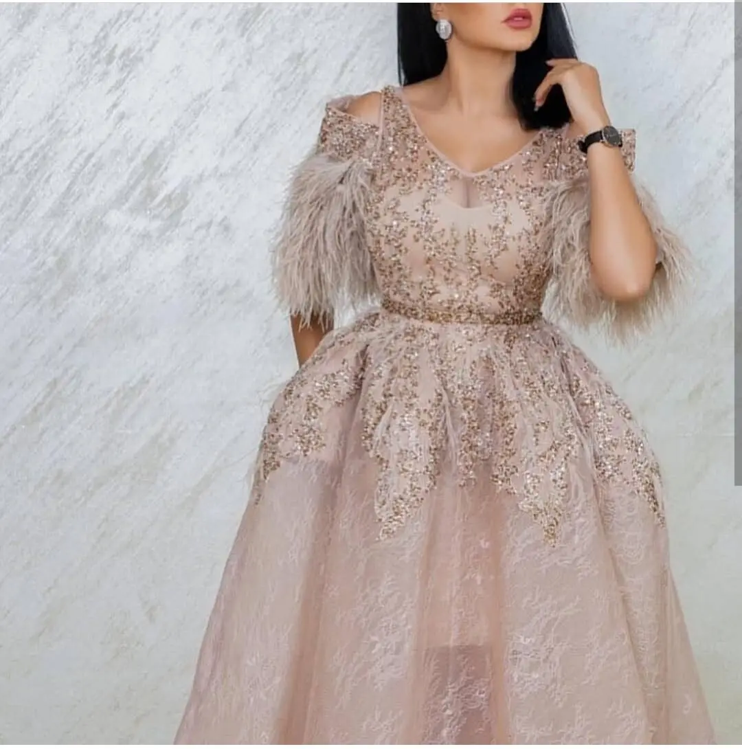 Новое поступление, Vestidos De Formature, v-образный вырез, вышитый бисером Топ, короткий рукав, перо, с кружевами длиной до лодыжки, платья для выпускного вечера