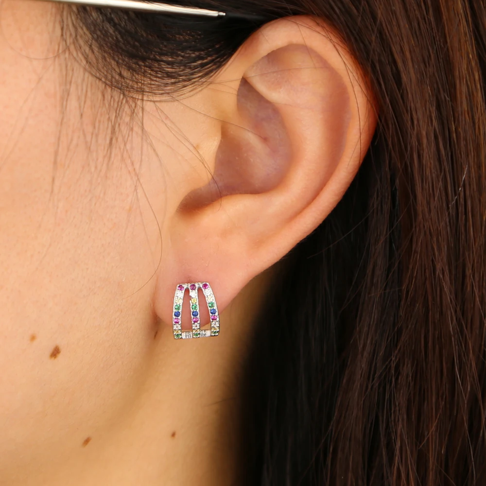 fine 925 sterling silver bright chic rainbow colorful geometric cz bar stud earring for women girl gift | Украшения и аксессуары