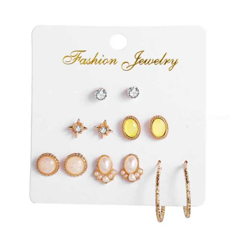 Rhinestone Pink Gold Imitation Gem Metal Round Earrings 6 Pairs 2019 New Pearl Women Jewelry Gifts | Украшения и аксессуары