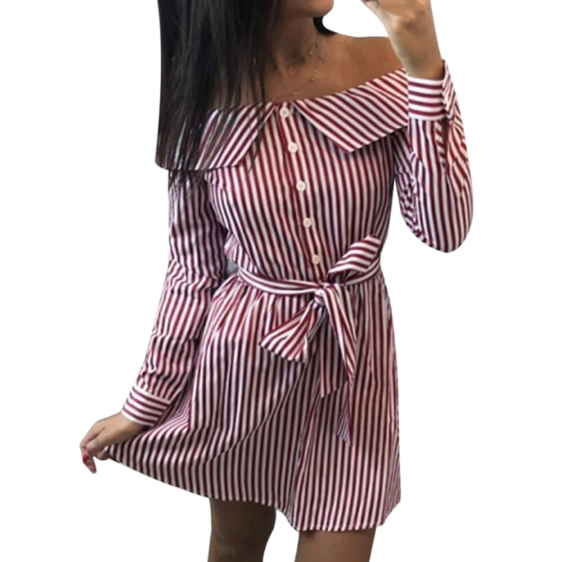 NIBESSER сексуальное женское платье рубашка в полоску с открытыми плечами вырезом