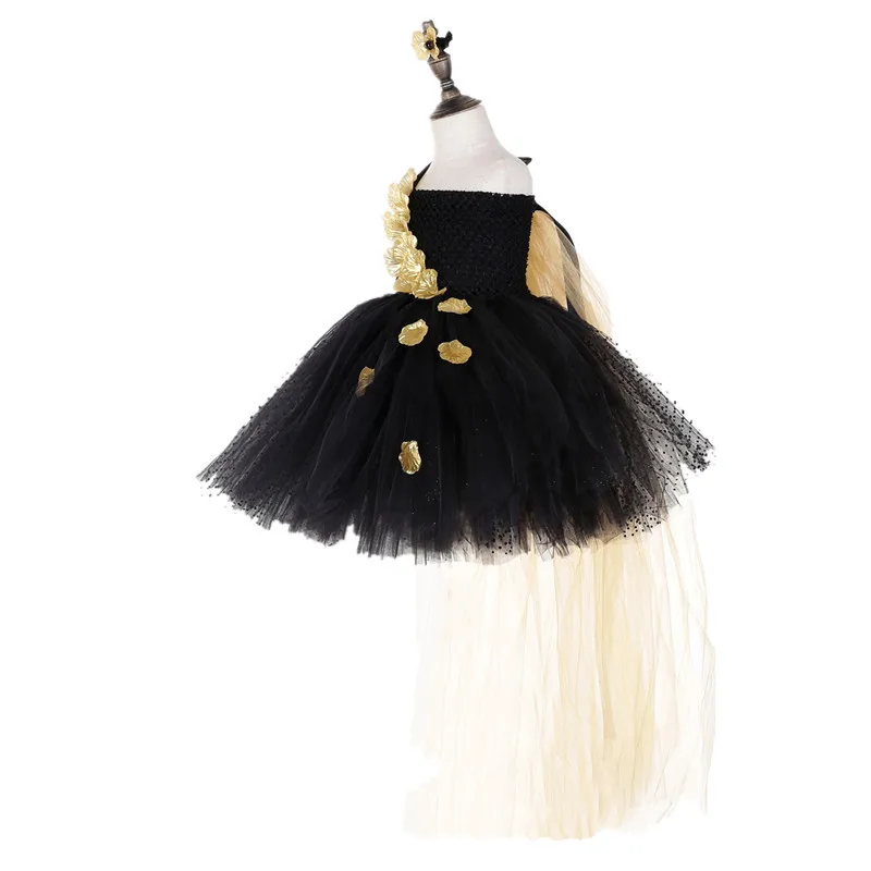 

Halloween Black Devil New Shawl Style High-end Dress Girls Mesh Tutu Golden Flowers Sets Children Stage Performance Dresses Gift