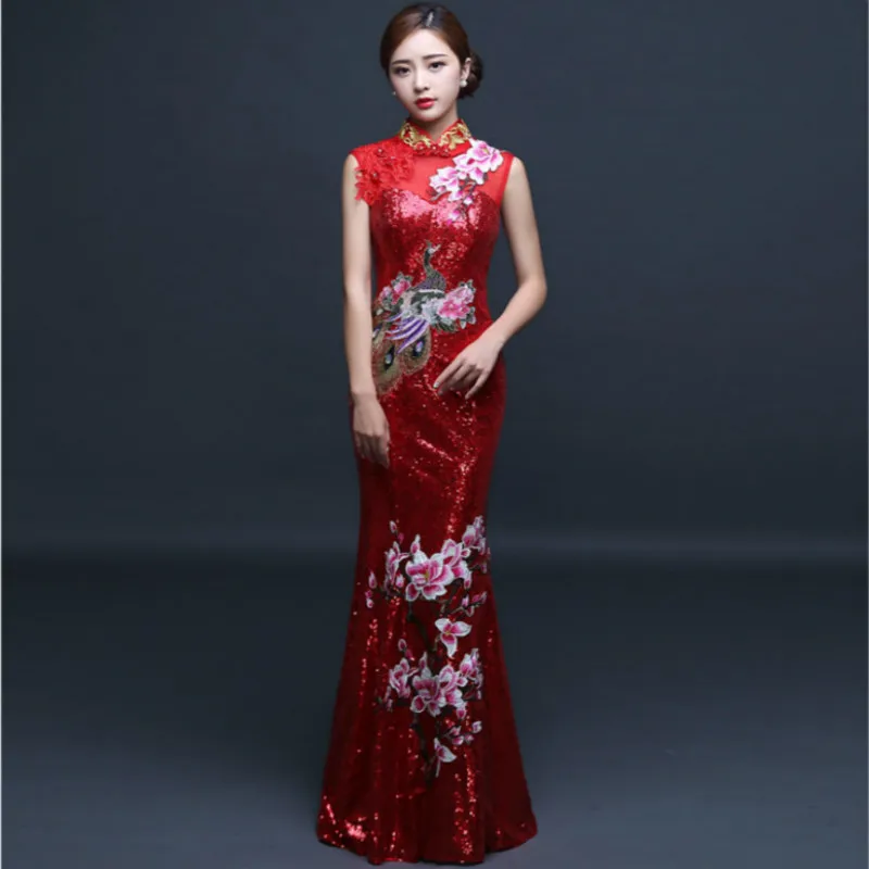 Red Chinese Wedding Dress Female Long Cheongsam Gold Slim Traditional Women Qipao for Party embroidery|women qipaos|long cheongsamchinese traditional