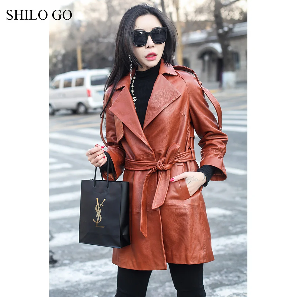 Тренч SHILO GO Женский из натуральной овчины длинный с отворотом и бантом на ремне