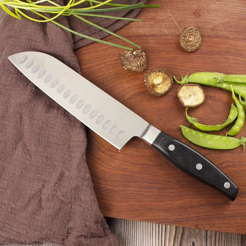 Острые кухонные ножи Santoku 7 дюймов с черной витражной деревянной ручкой