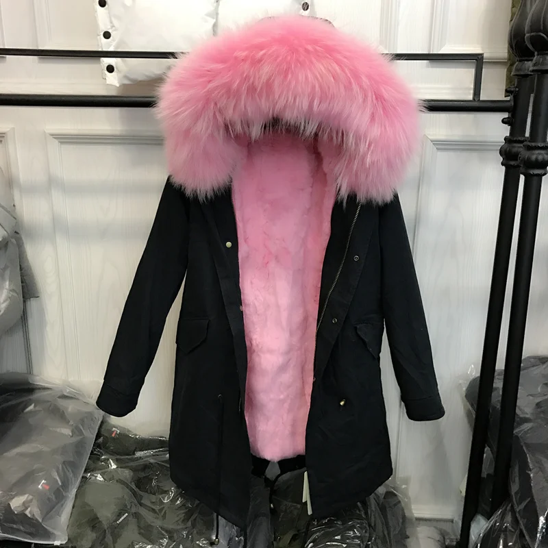 Зимние Для женщин Длинная парка Натуральный мех пальто енота Мех животных