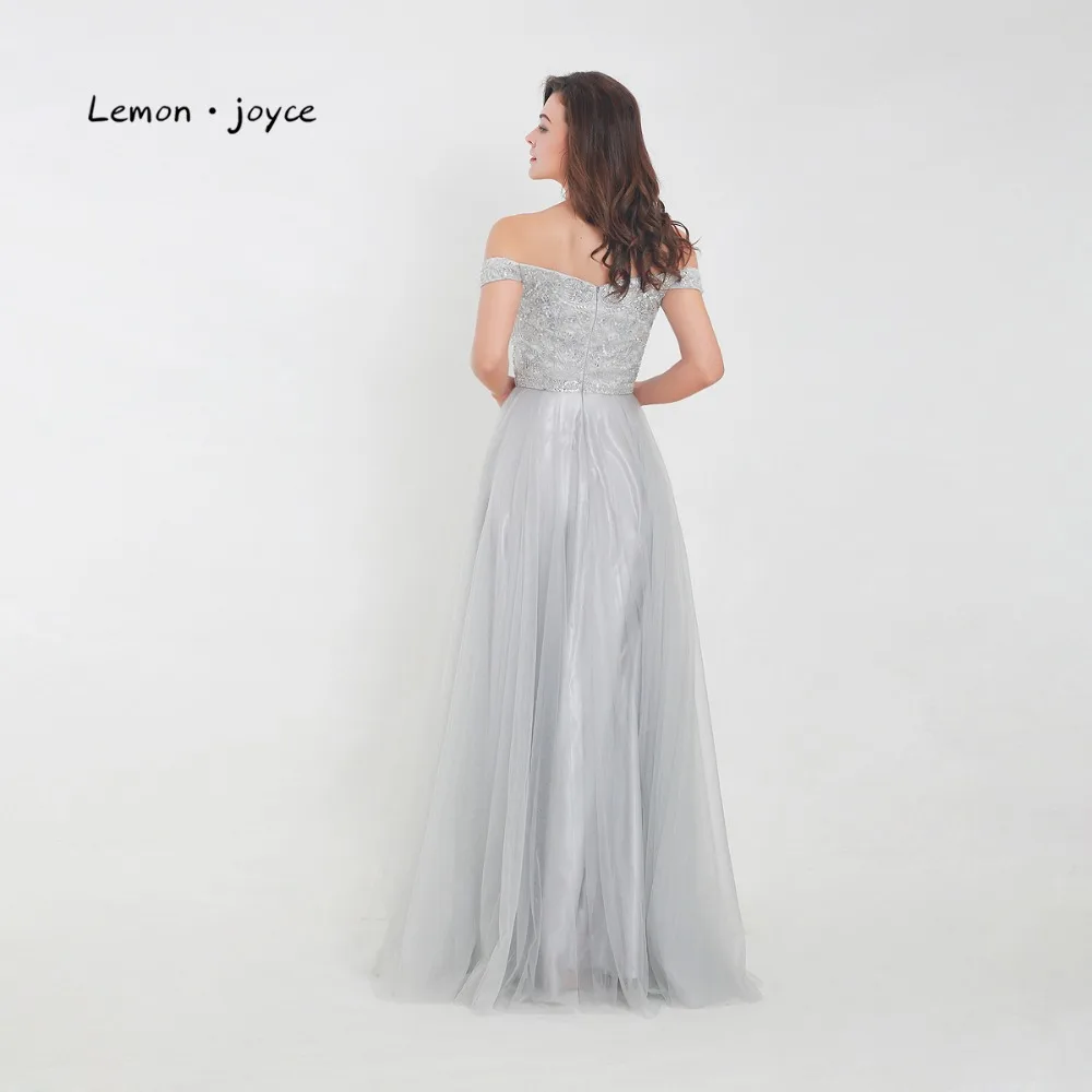 Шифоновые вечерние платья Lemon joyce серые Элегантные с открытыми плечами и бисером