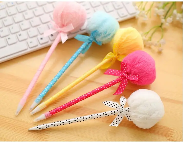 

1pcs/lot Fashion Ball Pen With Plush Ball Stationery Ribbon For Office And School Using Or For Gifts