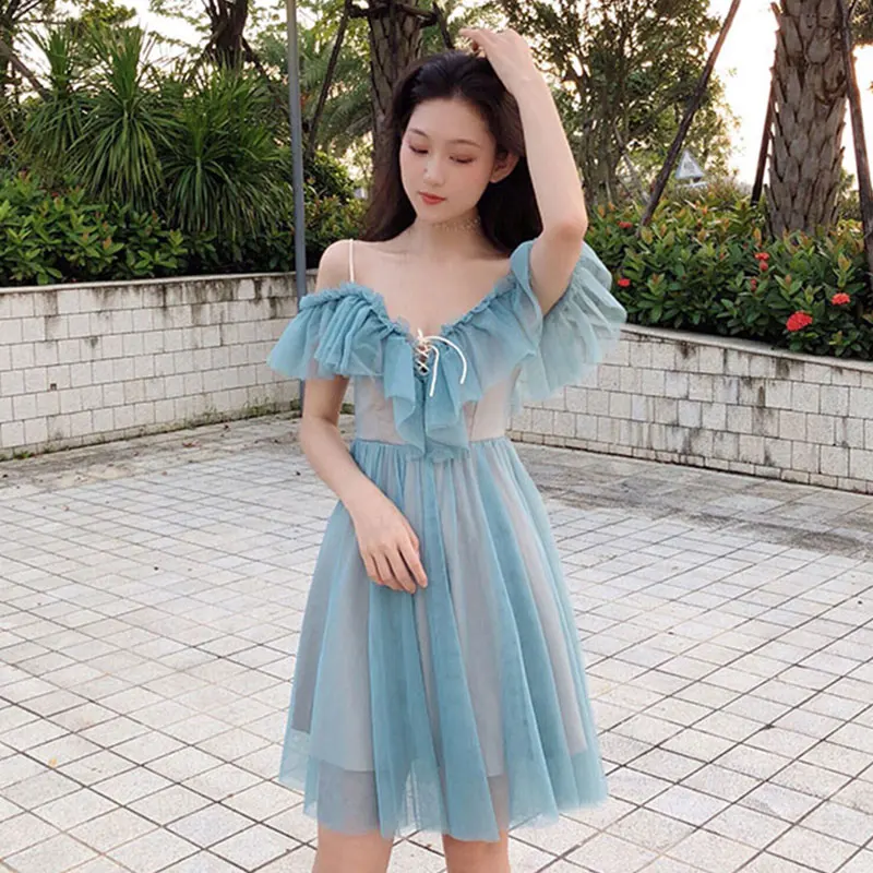 Платье с короткими рукавами и оборками FNPE летнее Сетчатое платье в Корейском