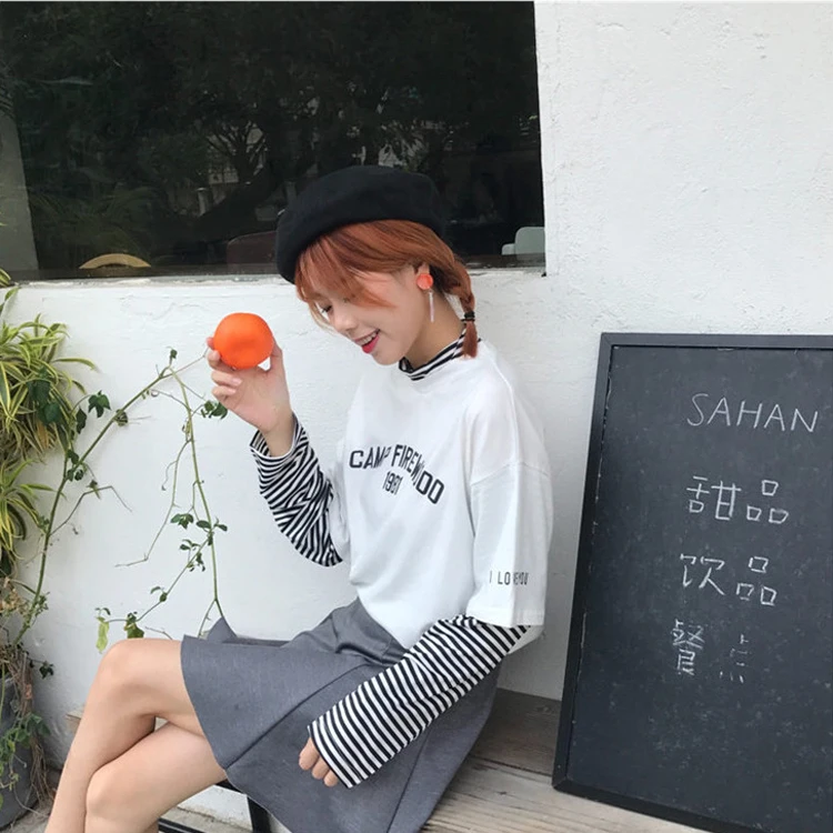 Весна Корейский Ulzzang повседневные женские футболки Harajuku мода BF стиль Топы черный