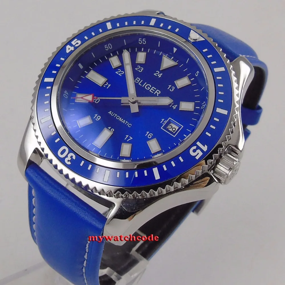 

44mm Bliger Blue Dial DG MIYOTA 8215 Automatic Men Watch Date Adjust Rotating Bezel Leather Strap Luminous Marks