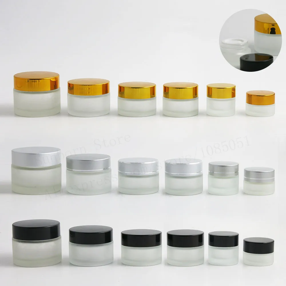 

300pcs/lot Frosted Glass Jar Frost Skin Care Cream Jars 10G 20G 30G 50G 100G 1OZ 1/2OZ Cosmetic Jar Black Gold Silver Lid Cap