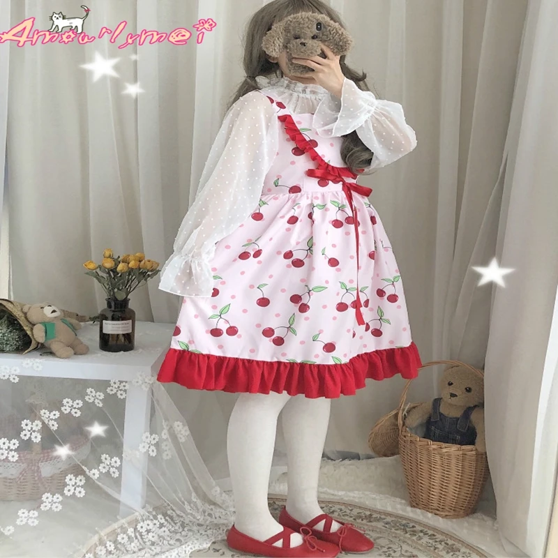 Японское Kawaii милое платье принцессы Лолиты без рукавов с высокой талией милое клубничное Вишневое платье с принтом летнее платье Mori на девочку