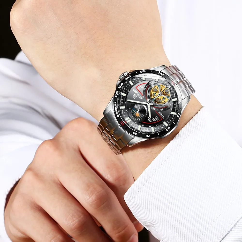 Швейцарские часы-скелетоны марки BINGER многофункциональные механические часы