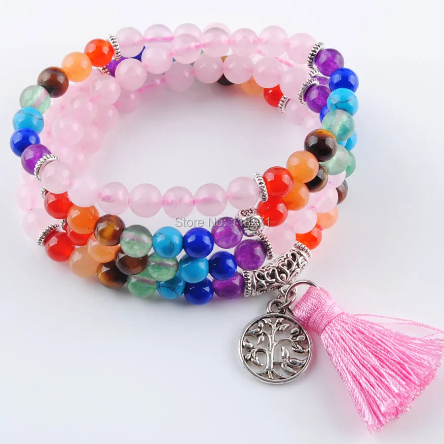 

108 Meditation Multi-layer Bracelets 7 Chakra Yoga Natural Round Quartzs Mala Bead Life Tree Tassel Boho Long Necklace PK3208