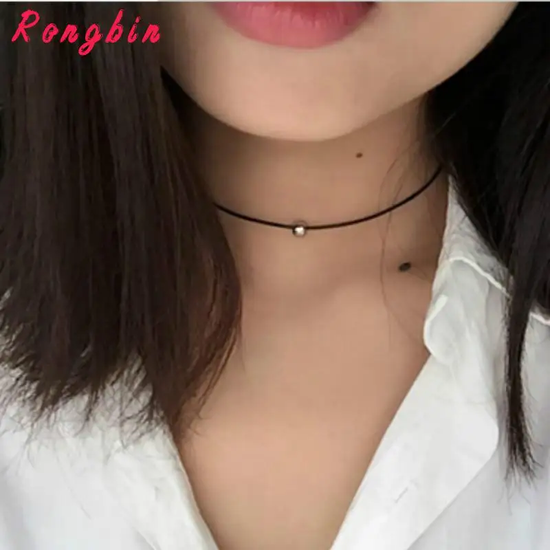 Simple Fashion Choker Necklace Thin Black Leather Rope Maxi Necklaces With Gold/Silver-color Metal Beads Short Necklace Women