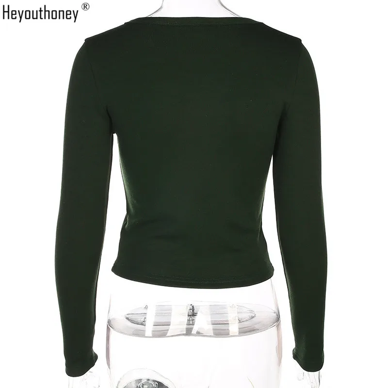 Heyouthoney 2018 spring fashion solid irregular single breasted full sleeve o-neck tshirt crop t-shirt tee top camiseta feminina |