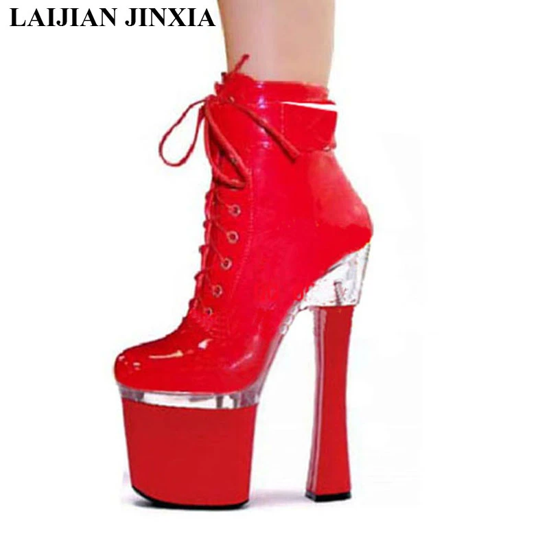 

Sexy Red 18cm Square High-Heels Platform Shoes Night Party Pole Dancing Shoes Ankle Boots Dance Shoes
