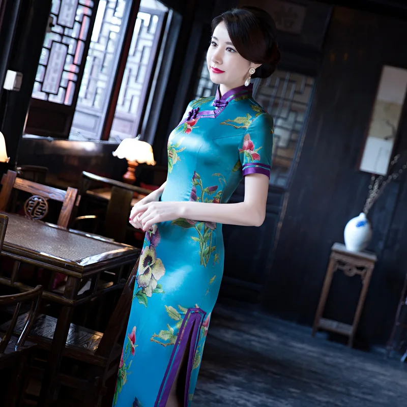 Изящное синее женское шелковое платье Qipao с цветочным принтом повседневное