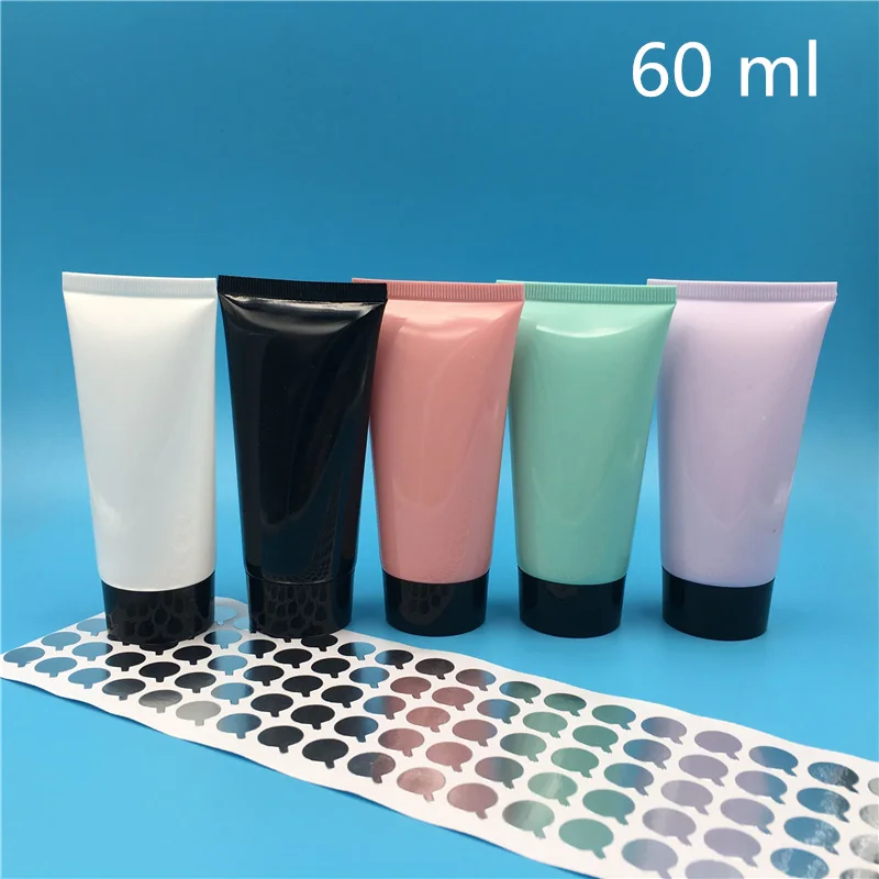 

100 шт. Бесплатная доставка, 60 мл, синие, розовые, фиолетовые пустые пластиковые тюбики, многоразовые пустые косметические контейнеры, черная крышка