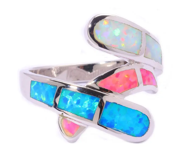 Кольцо женское посеребренное с голубым/розовым/белым огненным опалом размеры 6 7 8
