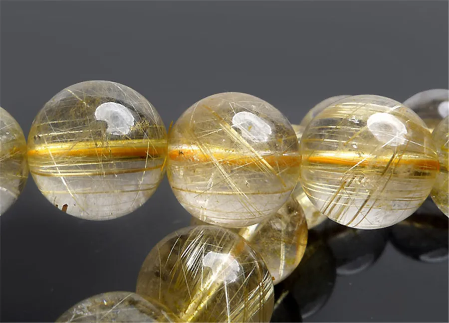 13.5mm Rond Beads Genuine Natural Gold Yellow Rutilated Quartz Bracelet Crystal Clear Round Bead Stretch From Brazil | Украшения и