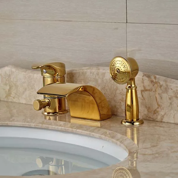 Widespread Golden Brass Waterfall Bathroom Tub Faucet 3 pcs Mixer Tap Shower | Обустройство дома