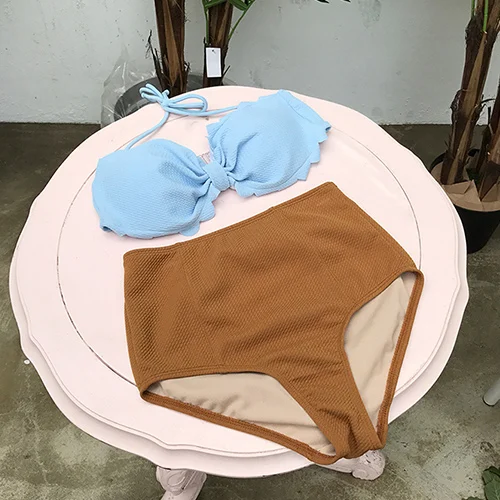QianYuEr6642Blue Корейский комплект бикини для девочек, топ с рюшами, очень милый купальник, бикини с лямкой на шее, с высокой талией, комплект из двух предметов, купальный костюм Maillot de bain - Цвет: QianYuEr6642Blue