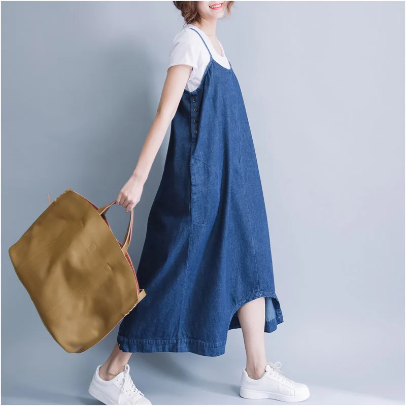 2019 Summer Women New Sleeveless Denim Dress Plus Size Vintage Blue Sexy Loose Female Jeans Vestidos Women'S 4XL 5XL | Женская