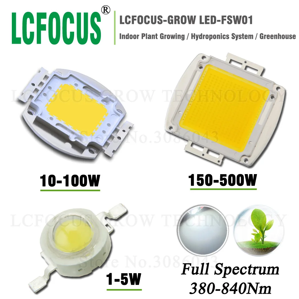 

High Power 1W 3W 5W 10W 20W 30W 50W 100W 200W 300W 500W Grow LED Full Spectrum White 380-840nm For DIY LED Grow Light