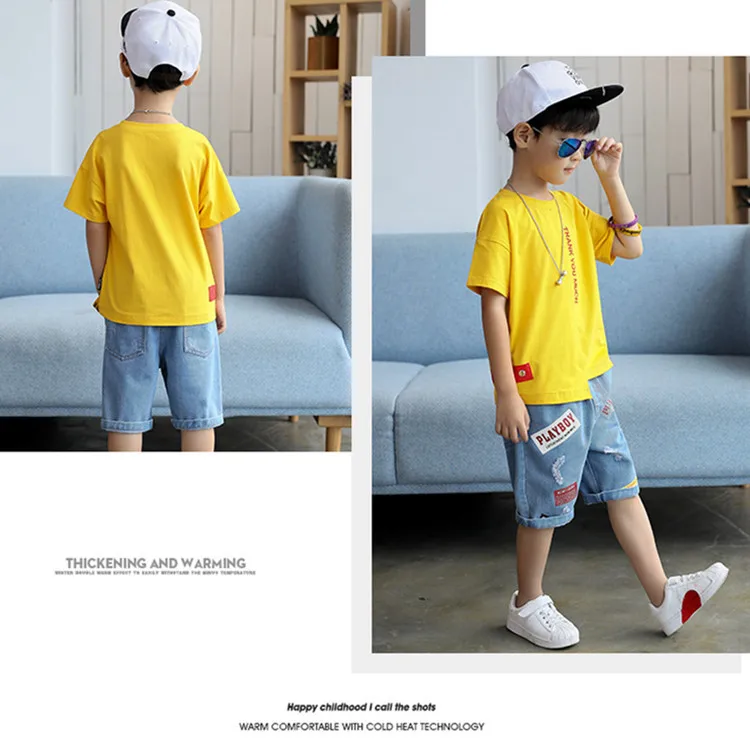 Big Boy Short Sleeve T Shirt+A Pair of Jeans 2pc Sport Sets Summer Children's Clothing Kids New Boys Clothes Suits 3-13Y | Детская