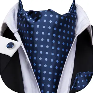 Hi-Tie Ascot Tie для мужчин Шелковый шейный платок в горошек набор галстуков и запонок темно-синий галстук для свадьбы оптовая продажа AS-1011