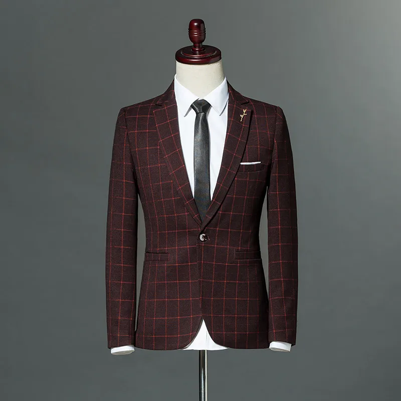 ASWS8807 Wine red Клетчатый блейзер для досуга, Мужской приталенный Блейзер на одной пуговице, новинка, брендовая одежда, блейзер, Куртки M-5XL, повседневный офисный Блейзер, Masculino - Цвет: ASWS8807 Wine red