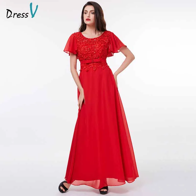 Dressv красное вечернее платье недорогое ТРАПЕЦИЕВИДНОЕ кружевное до пола с