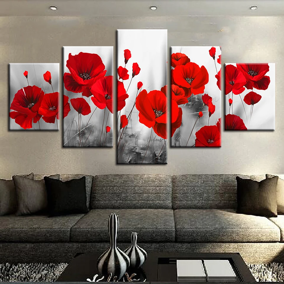 

Canvas Printed Pictures Living Room Wall Art Framework 5 Pieces Romantic Poppies Paintings Red Flowers Poster Modular Home Decor