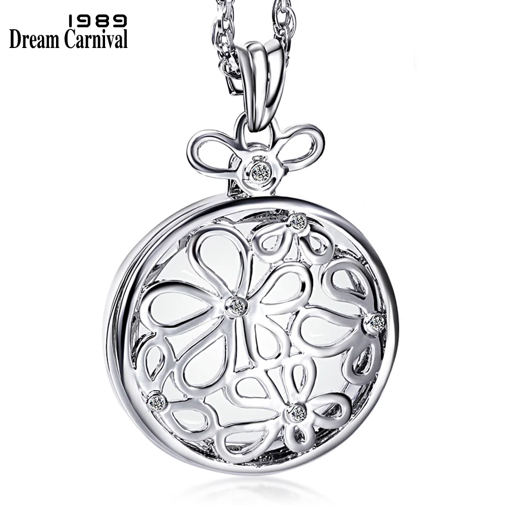DreamCarnival 1989 Crystal Flowers Magnifying Glass Pendant Necklace for Women Mother Gift Jewelry Rhodium Gold Color Long Chain