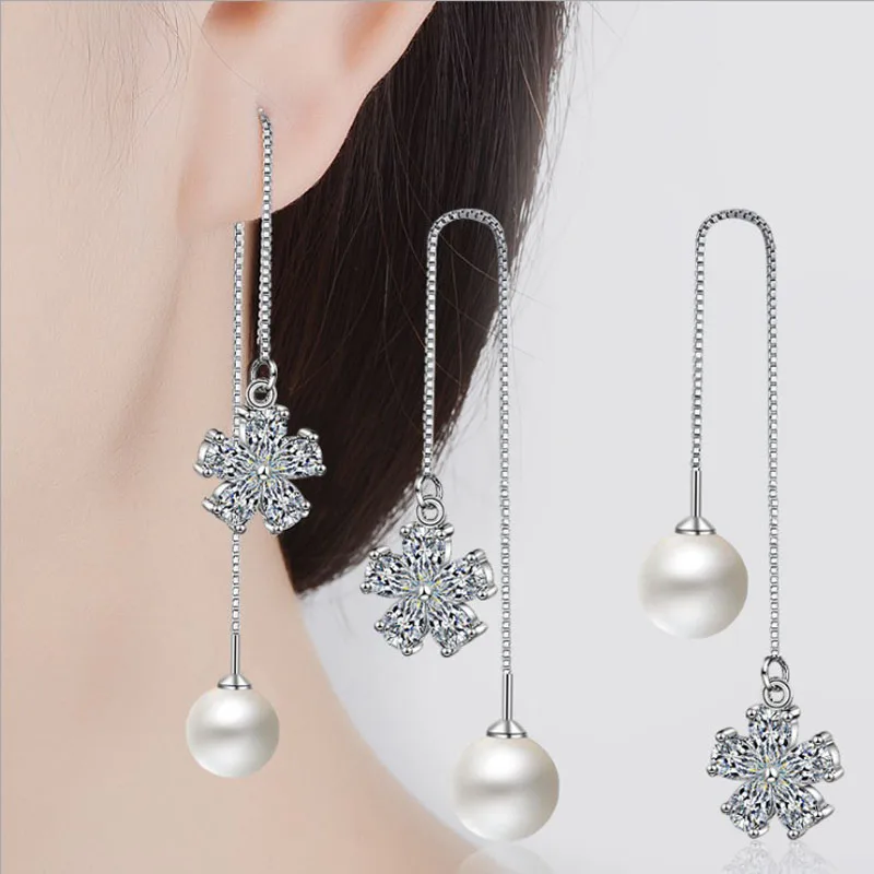 

KOFSAC New Fashion Silver 925 Earrings For Women Luxury Crystal CZ Flower Pearl Eardrop Earring Ear Line Jewelry Gift Brincos