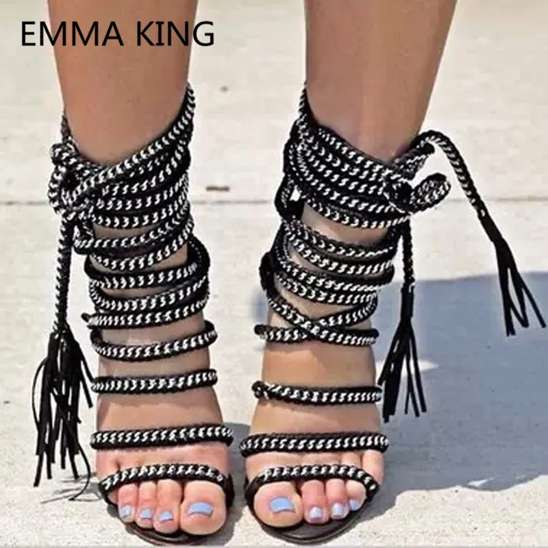 

Cross-Tied Rope Design Women Gladiator Sandals Open Toe Cut-Out Sexy High Heels Ladies Runway Shoes Woman Summer Sandals Boots