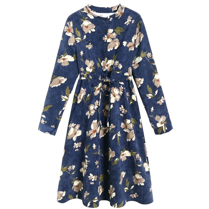 

Autumn winter warm soft corduroy dress for lady new arrival long sleeve floral print elegant dress mori girl vestidos mujer 2018
