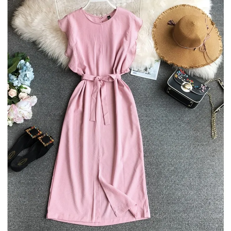 Для женщин Лето 2019 г. Полосатый рукавов оборками прямо один шаг длинное платье